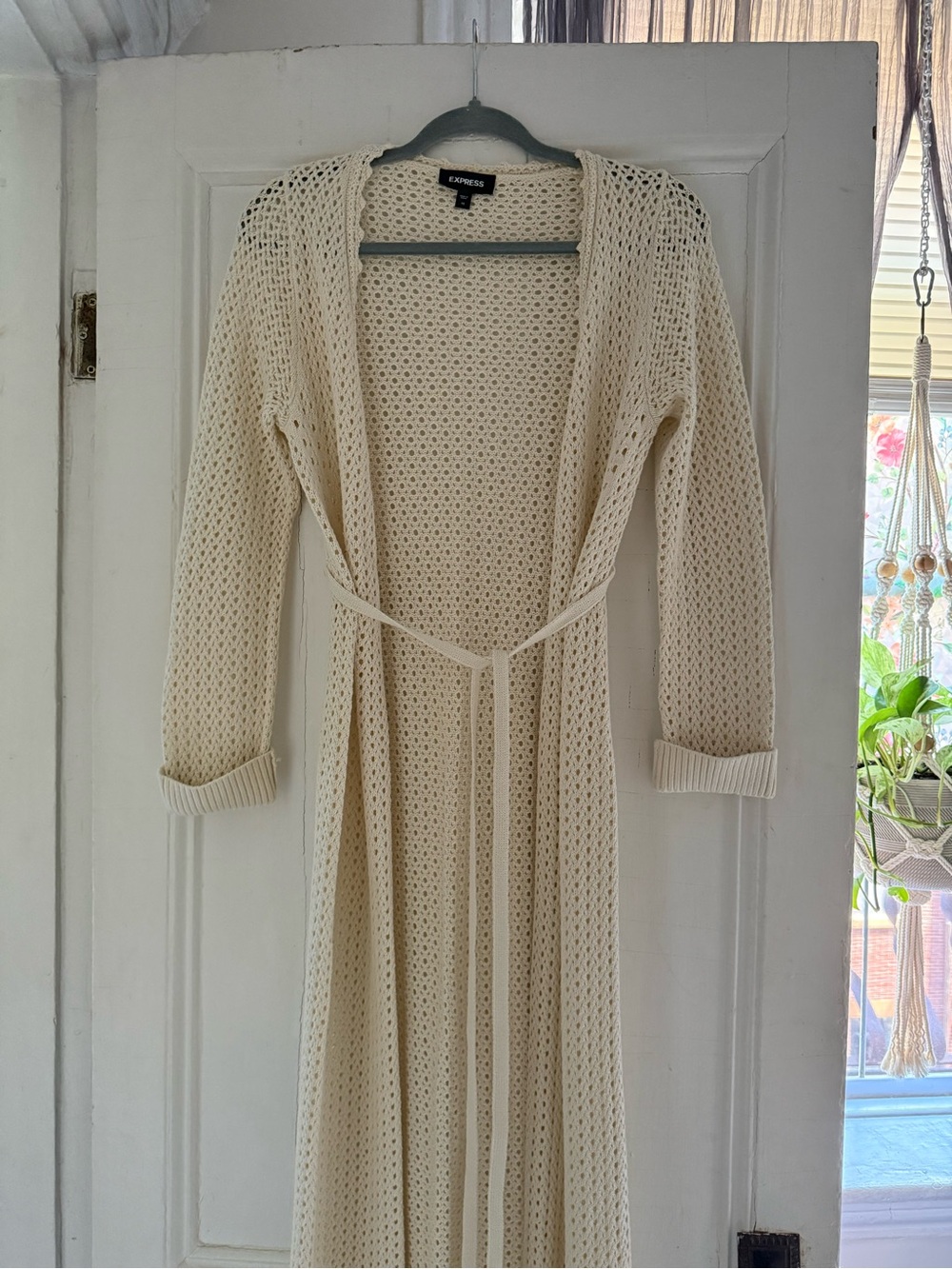 EXPRESS size XS Cream Open Weave Long Duster Cardigan with Tie